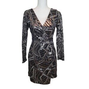 gianni bini sequin wrap dress Gianni Bini All Over Silver Sequin Long Sleeve V-Neck Wrap Dress SZ L